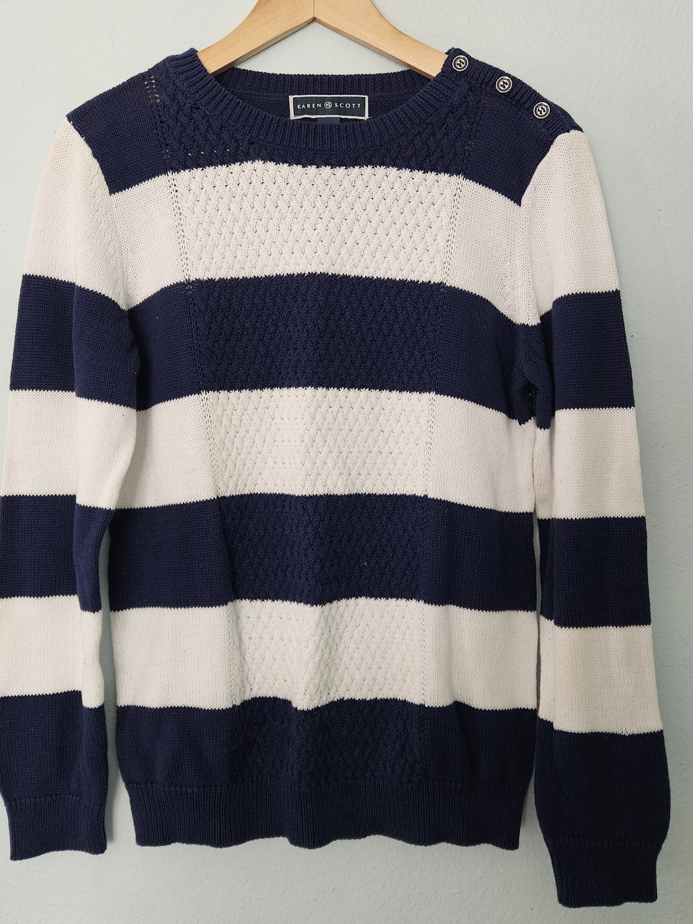 Karen Scott Navy & White Striped Crewneck Sweater with Shoulder Buttons